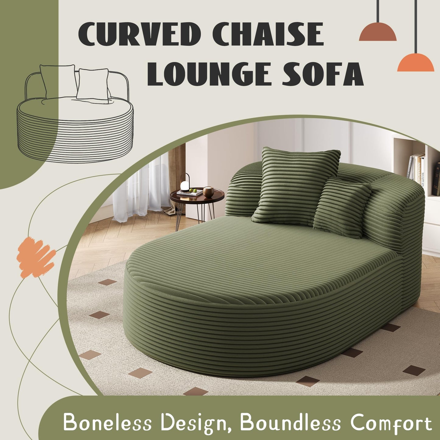 51.6-Inch Fluffy Corduroy Boneless Sleeper Daybed Oversized Single Recliner Foam Cloud Lounge Chaise,Floor Cloud Sofa Chaise W/2 Toss Pillows for Bedroom Living Room