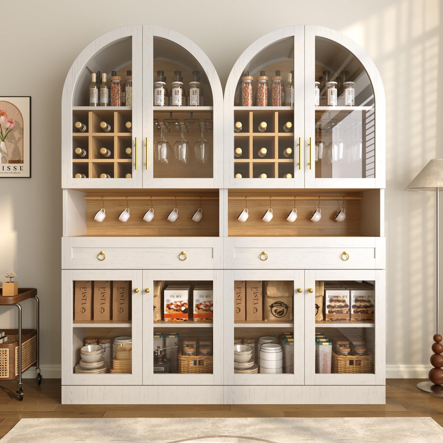 Merax 70" Tall Arched Farmhouse Pantry Cabinet with Glass Doors, White