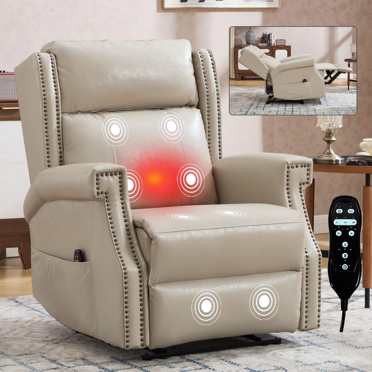 KEIKI Mid Century Modern Oversized Recliner Accent Chair for Adults, Manual Leather Recliner Chair with Back Massager and Heating for Living Room, Rocking Chair for Old Money Living Room Decor, Beige