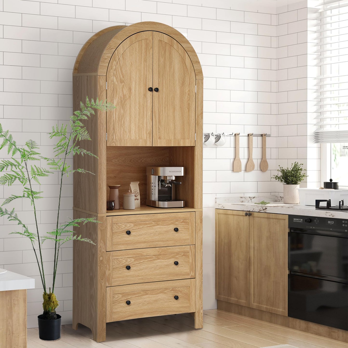 Bifins 71” Tall Arched Storage Cabinet with Drawer,Farmhouse Arched Bookcase with Door,Freestanding Arch Tall Pantry with Countertop for Kitchen Living Room (Natrual, 71inch)