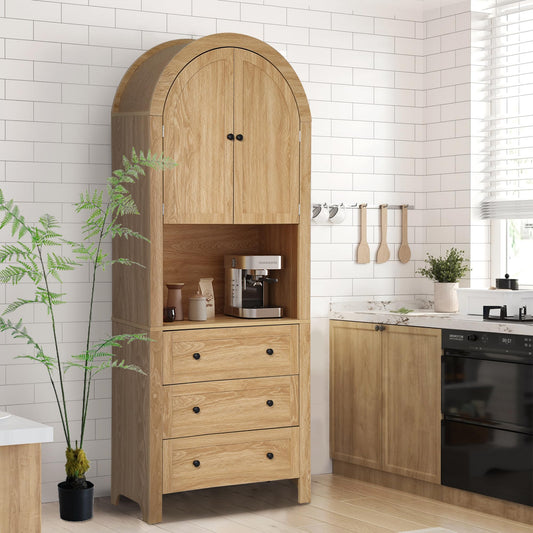 Bifins 71” Tall Arched Storage Cabinet with Drawer,Farmhouse Arched Bookcase with Door,Freestanding Arch Tall Pantry with Countertop for Kitchen Living Room (Natrual, 71inch)