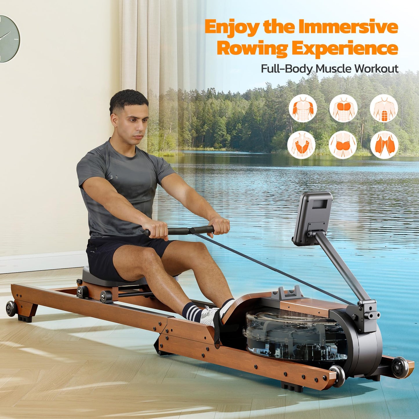 Dripex Rowing Machines for Home Foldable, Water Rowing Machine Max 400 LBS, Rower with Smooth Slide Rail, Comfortable Seat,Bluetooth App Supported,LCD Monitor, Wooden Row Machine for Home Gym Exercise