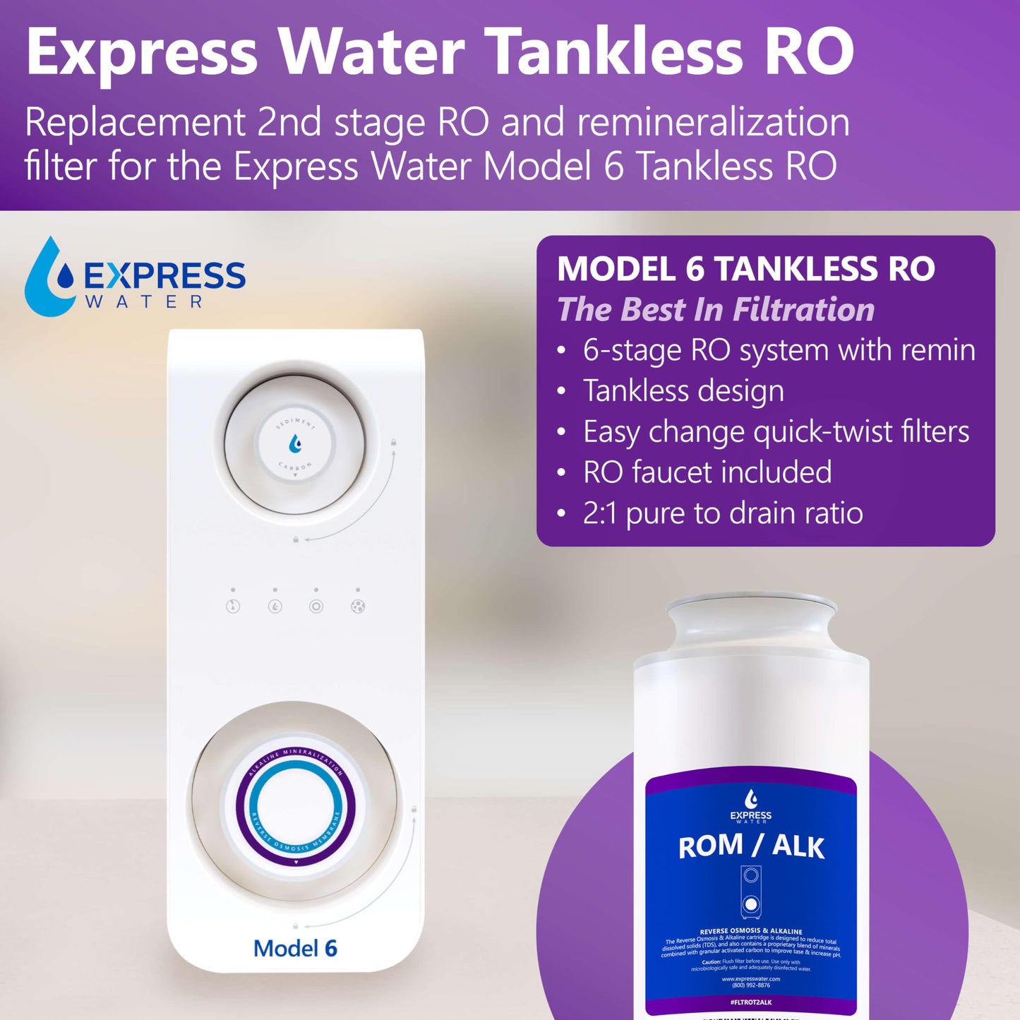 Express Water 2nd Stage Replacement RO Membrane and Alkaline Remineralization for Model 6 Tankless Reverse Osmosis System ROT600ALKMBN
