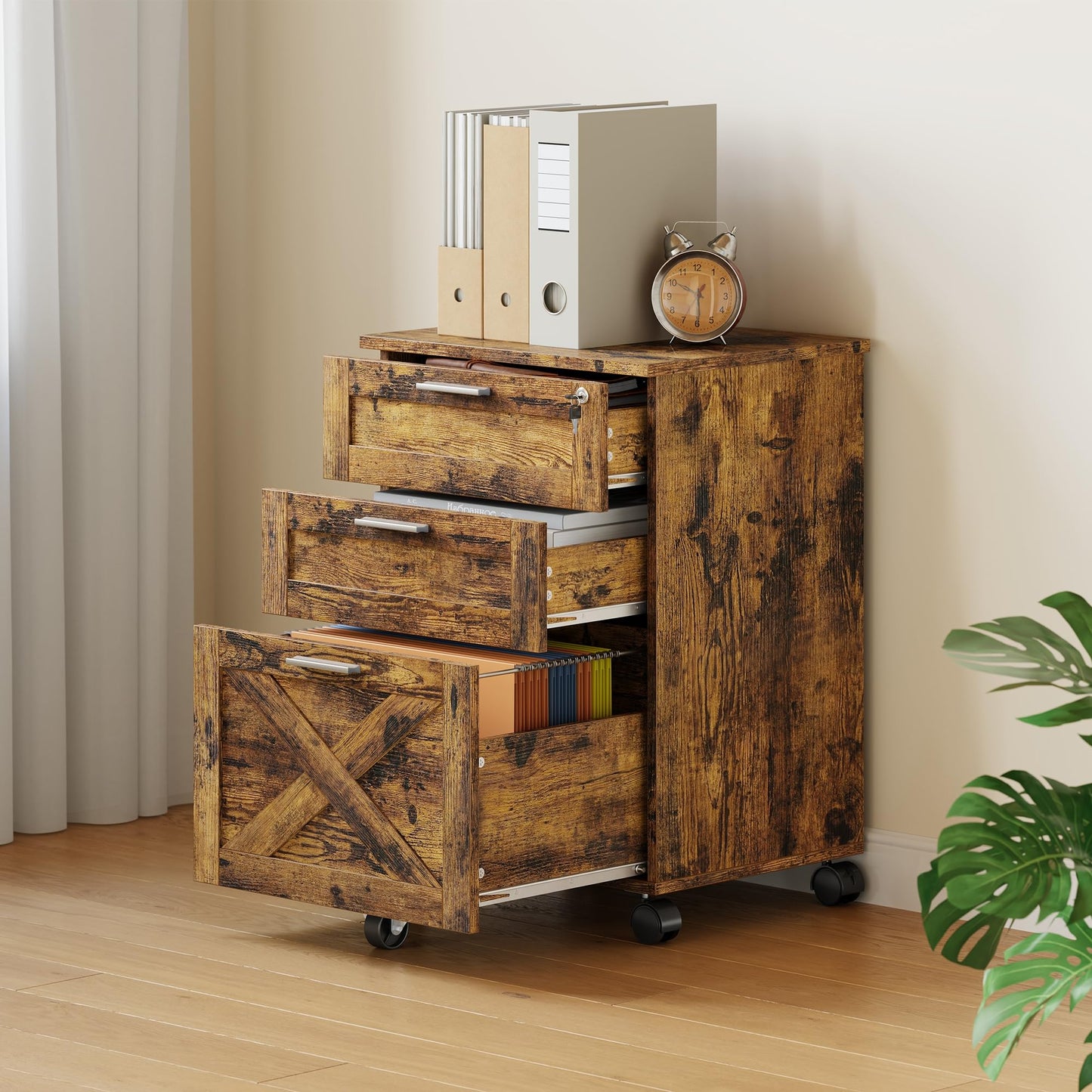 3-Drawer Rolling File Cabinet with Lock - Wooden Mobile Filing Cabinet for Home Office, Under Desk Storage Organizer fits Letter/A4/Legal Size, Sturdy Printer Stand with Locking Casters, Rustic Brown