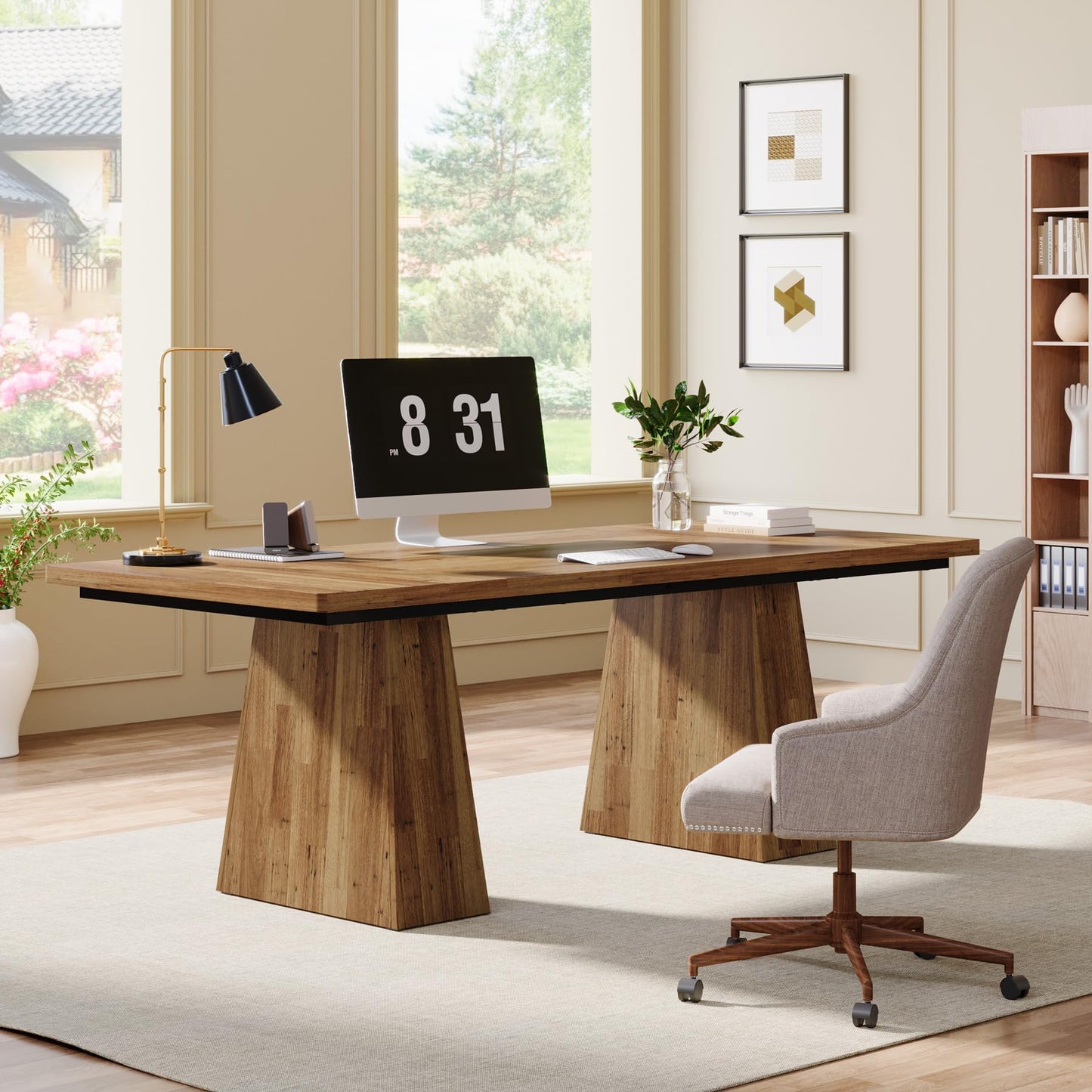 Tribesigns 63-Inch Executive Desk, Large Office Computer Desk with Double Pedestal, Modern Simple Workstations Writing Table Conference Table Business Furniture for Home Office, Light Brown