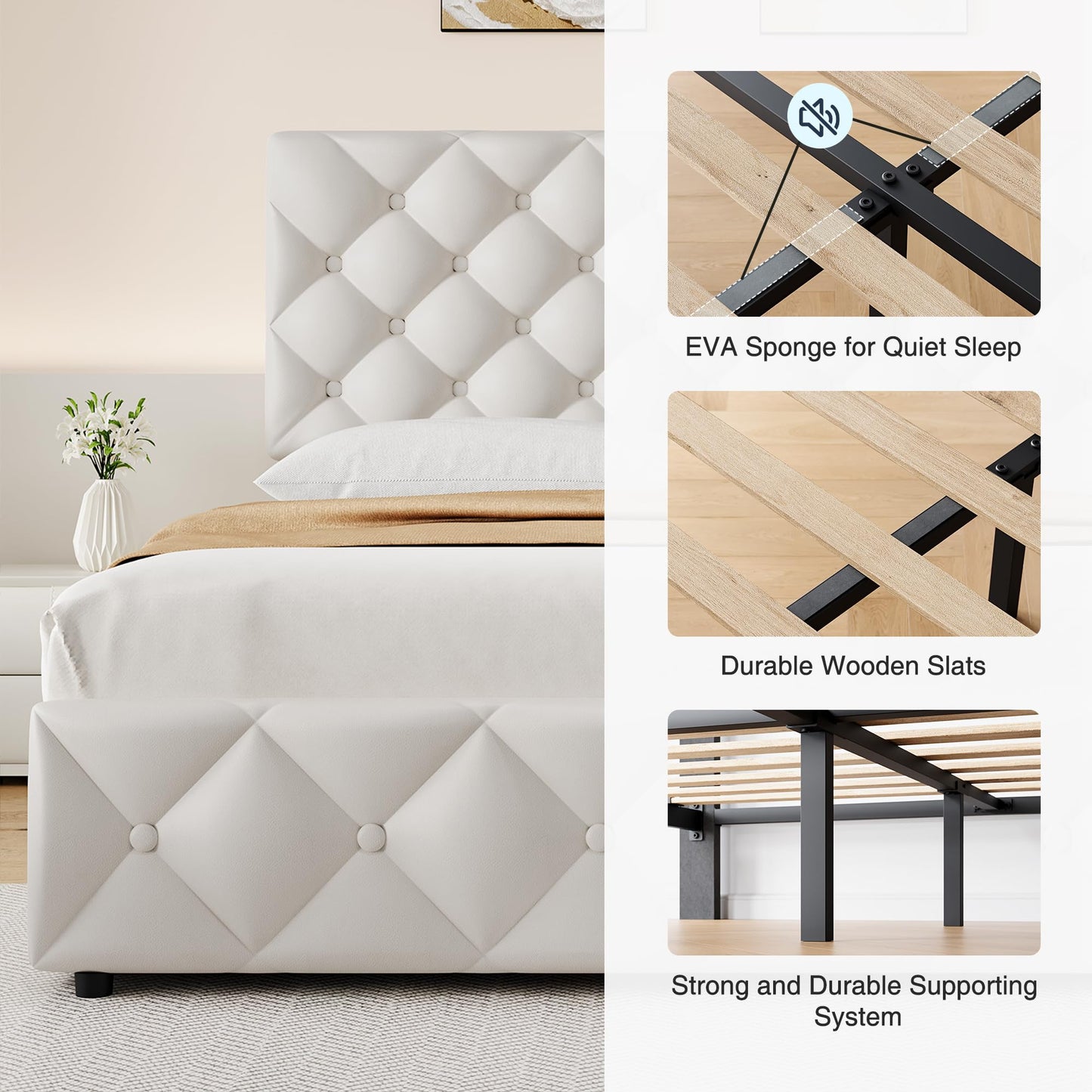 Garvee Queen Size Platform Bed Frame, Faux Leather Upholstered Bed Frame with Adjustable Headboard & 4 Drawers, Modern Bed Frame, Wooden Slats Supports, No Box Spring Needed, White