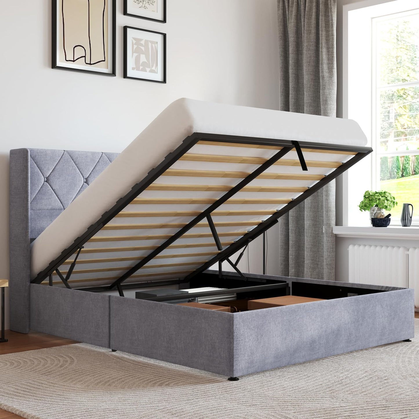 OLIXIS Full Size Lift Up Storage Bed with Wingback Headboard, Modern Upholstered Platform Bed Frame, Hydraulic Underneath Storage Space, Soft Velvet Platform, No Box Spring Needed, Grey