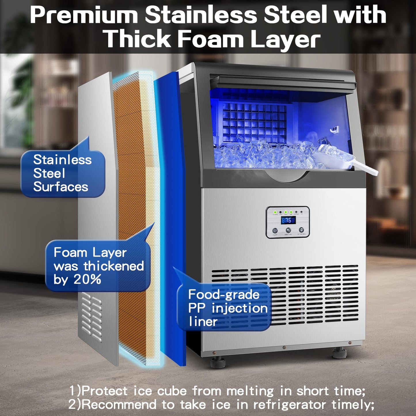 Amzgachfktch Commercial Ice Maker, 110lbs/24H Ice Maker Machine w/ 25 lbs Storage, 45 Ice Cubes in 12 Mins, Auto Self-Cleaning, Blue Light, Under Counter/Freestanding Ice Machine for Home Bar