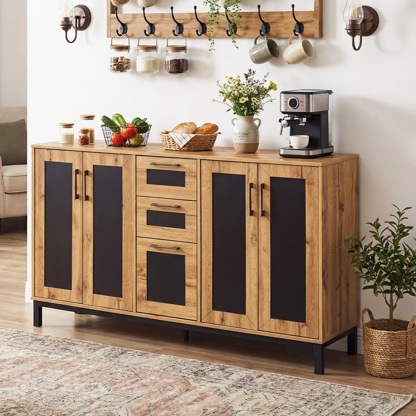 Giantex 63” Sideboard Buffet Cabinet, Large Farmhouse Organizer with 3 Drawers & Storage Shelves, 4-Door Modern Accent Coffee Bar Console Station for Kitchen, Entryway, Living Room