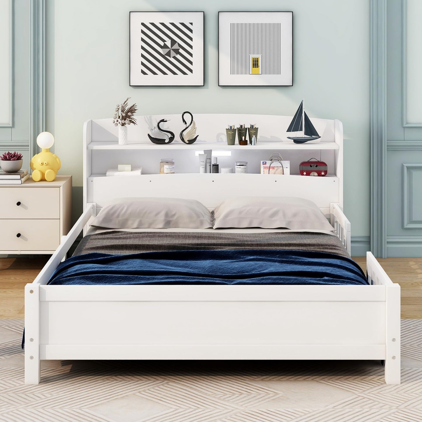 Merax Full Size Bed Frame, Solid Wood Full Platform Bed with Storage Headboard, Built-in Light and Safety Guardrail, Montessori Inspired Bed, No Box Spring Needed, White