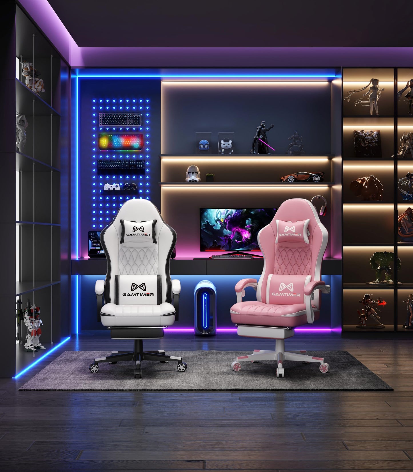 Gamtimer Gaming Chair with Footrest, Ergonomic Computer Chair, PU Breathable Material with Headrest and Lumbar Support, Suitable for Silla Gamer and Adults (White)