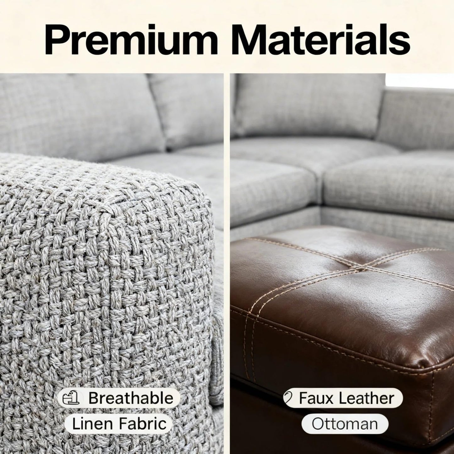 Trygoal 75 inch L-Shape Sofa with Storage Ottoman, Leather Sectional Couch with Right Chaise, Modern 3-Piece Sofa Set, Upholstered Couch Set with Solid Wood Frame for Apartment, Loft, Grey