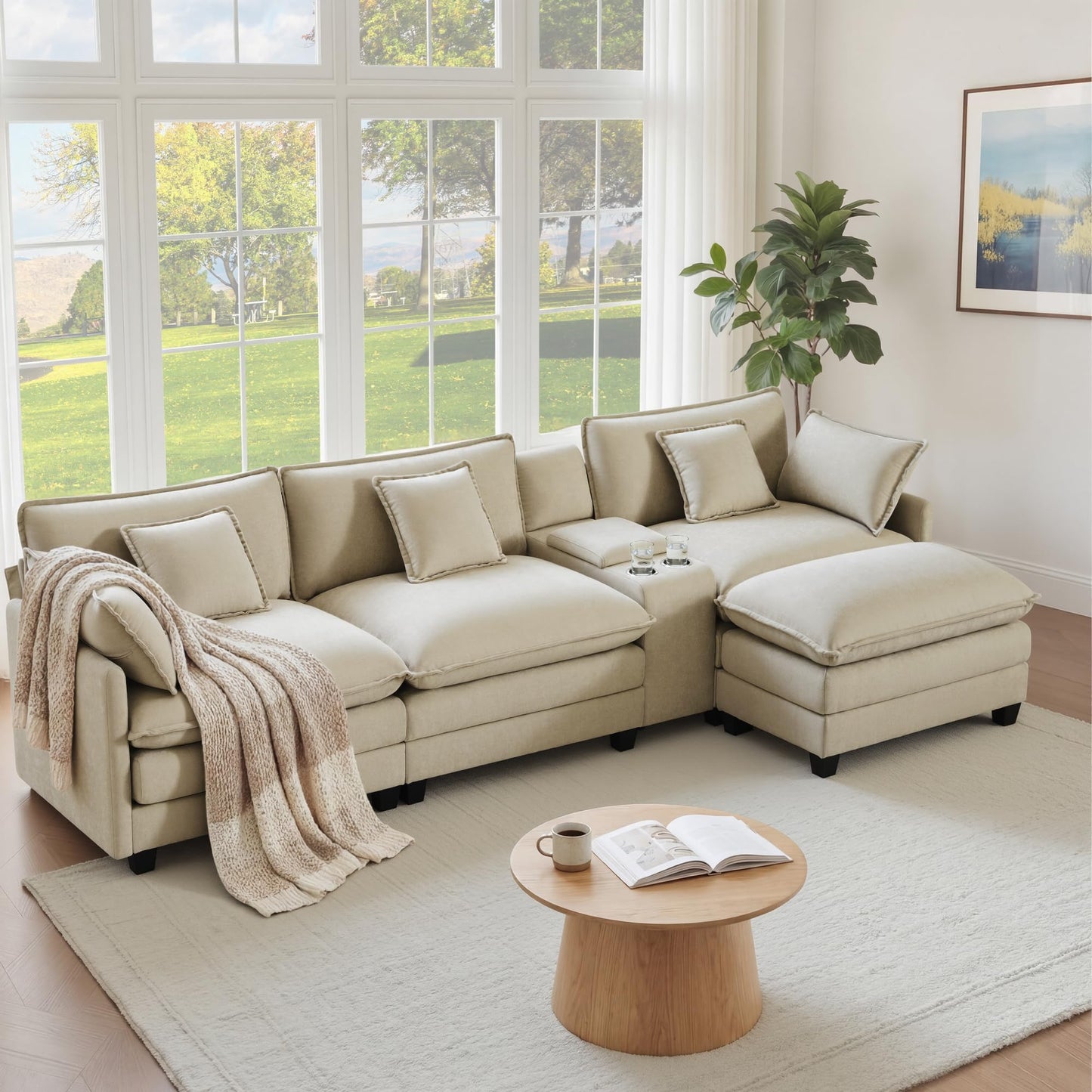 122" Oversized Modular Sectional Sofa with Storage Console,L-Shaped Cloud Couch with Movable Ottoman,Deep Seat,Thick Cushions, Multi Functional Console with USB & 2 Cup Holder,Sofa Set for Living Room