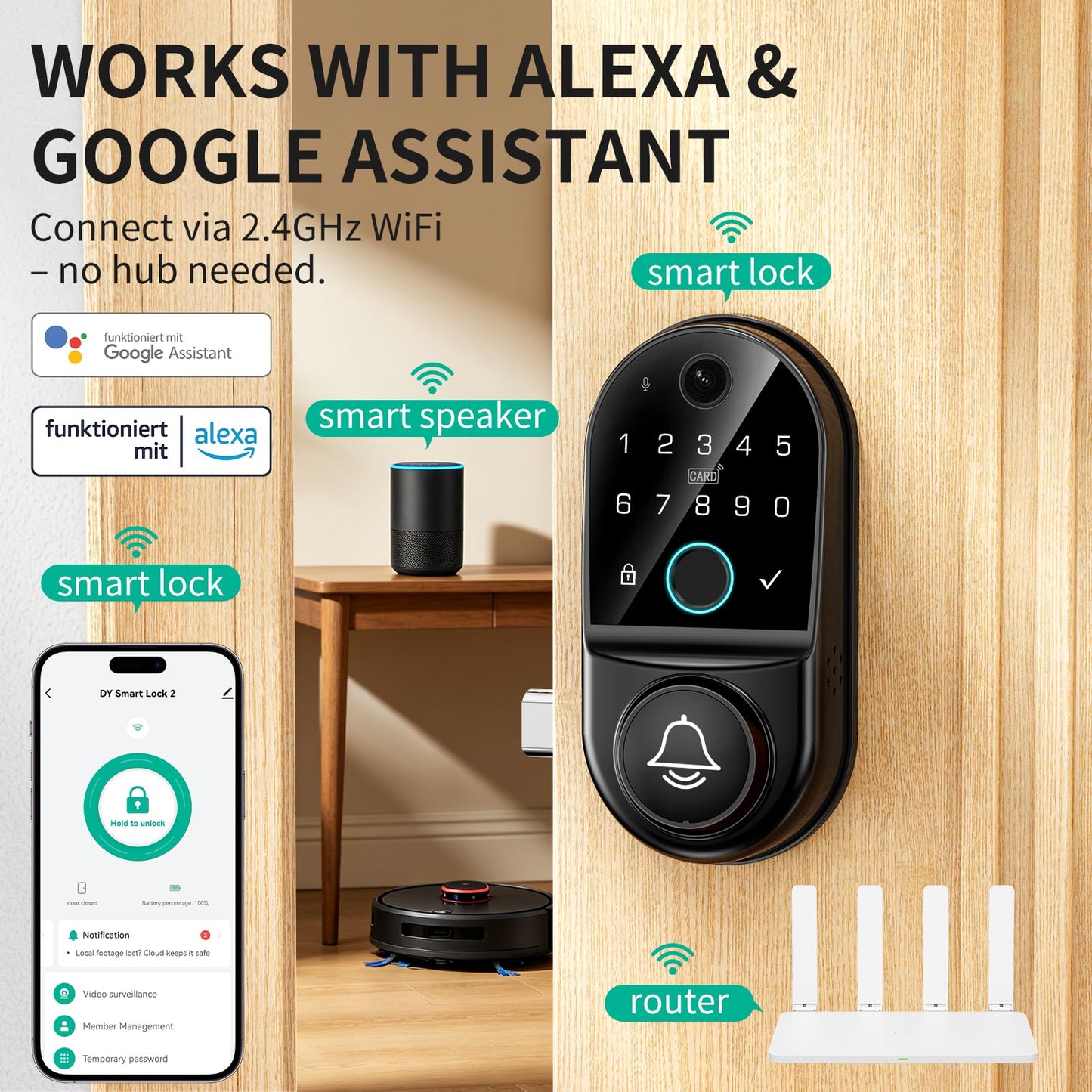 Yinaou Smart Door Locks with Camera: WiFi Keypad Deadbolt with 1080p HD Night Vision & Video Doorbell - App Control Digital Code Fingerprint Keyless Entry Electronic Locks for Front Door