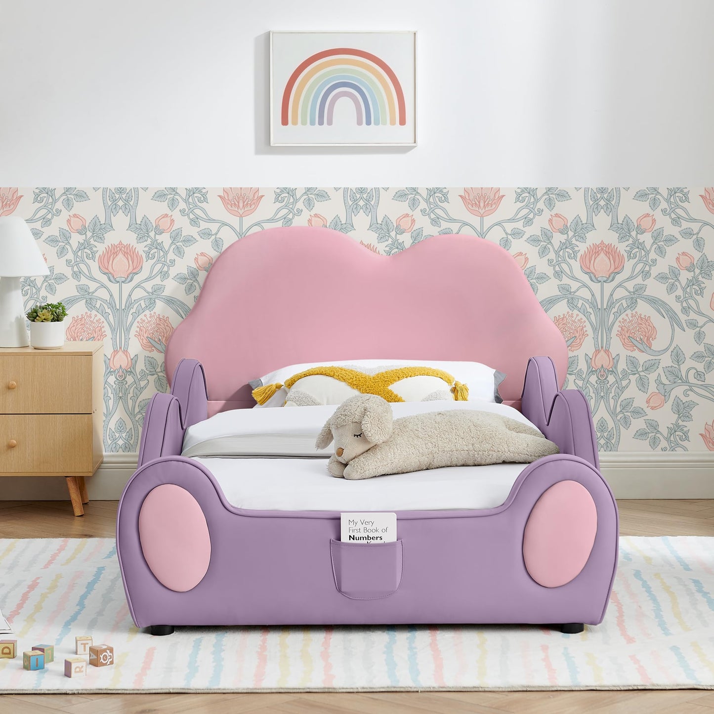 KEIKI Twin Size Upholstered Platform Bed Frame with Cute Cloud-Shaped Headboard & Pocket, for Boys and Girls, PU Leather Bed with High Guardrail & Slats, No Box Spring Required, Easy Assembly, Pink