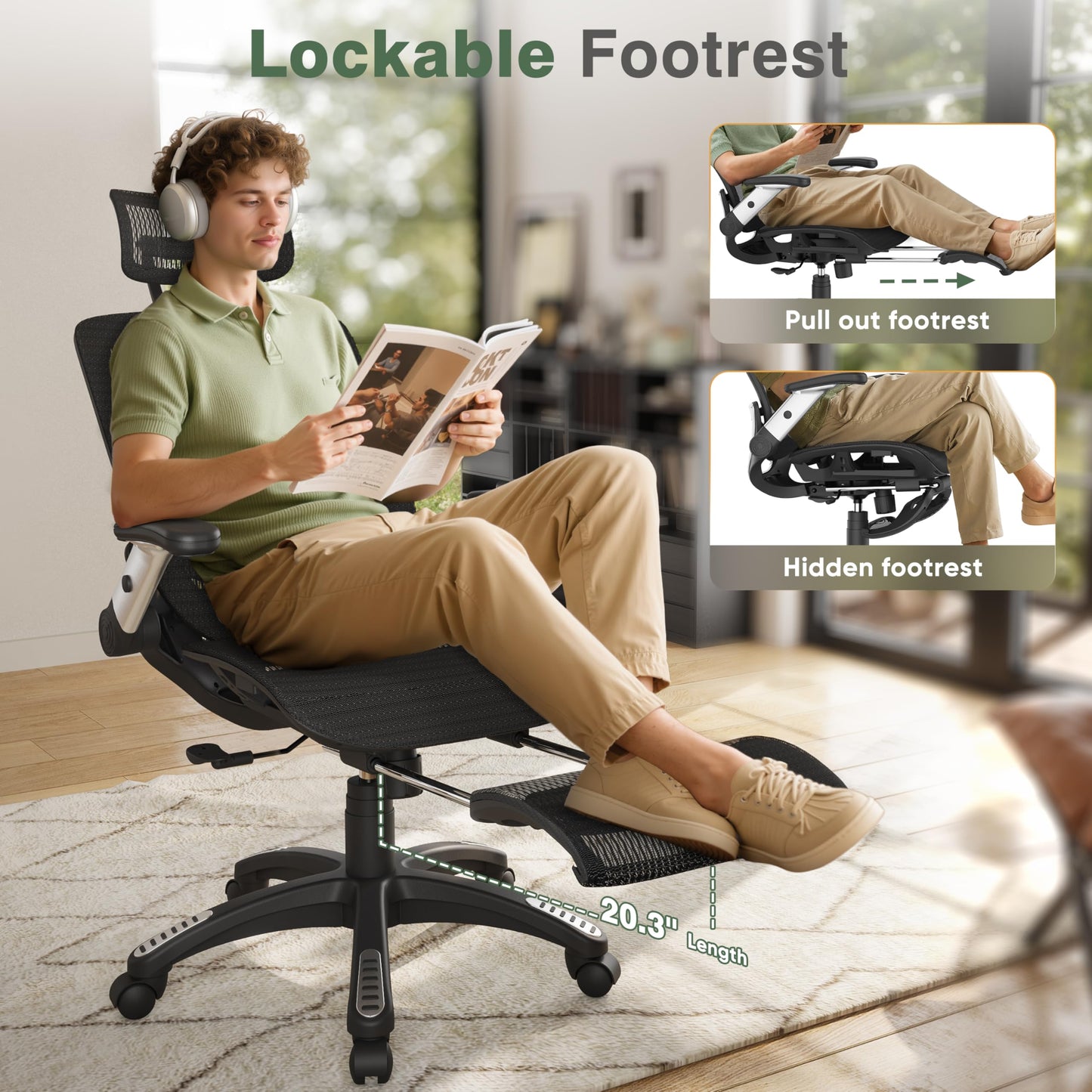 GABRYLLY Office Chair with Footrest, Ergonomic Desk Chair - 135° Recline Wide, 45° Flip-Up Arms,3D Headrest & Mesh Seat, High Back Home Gaming Chair for Adult Man Woman, 300LBS