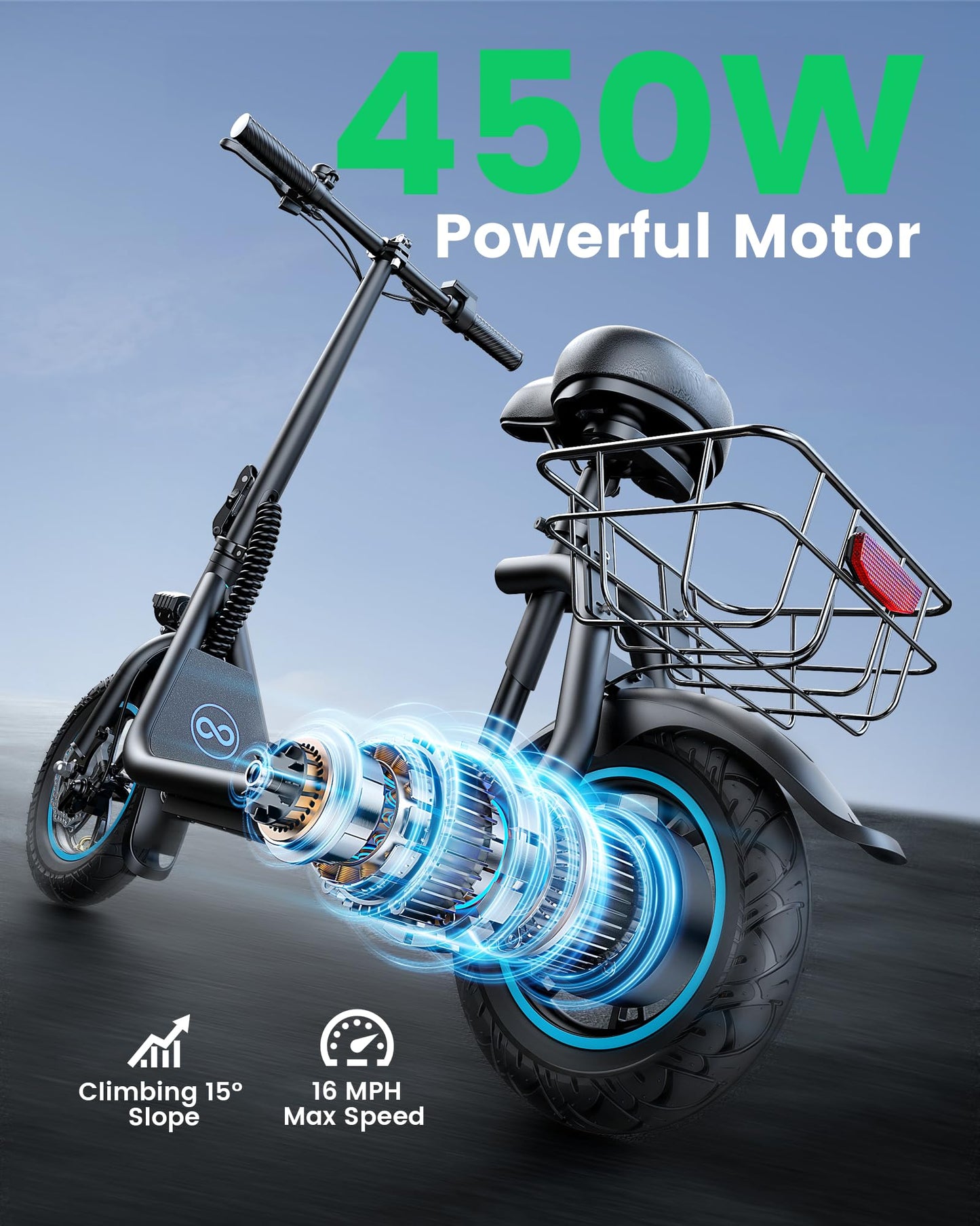 AWWSCOOTER C1 Electric Scooter with Seat for Adults, 450W Motor, 20-Mile Range, 16 MPH, Foldable Commuter E-Scooter with Basket for Grocery, Pets, and Daily Commute–Professional Black