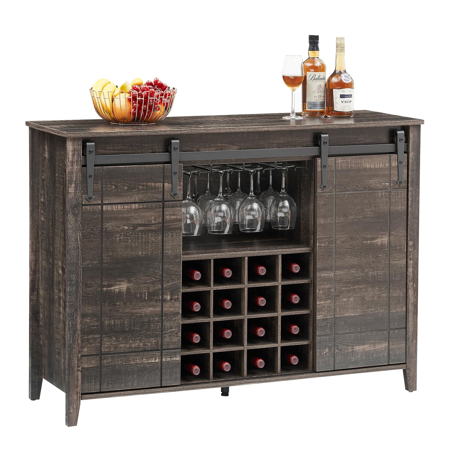 GarveeTech Farmhouse Bar Cabinet with Sliding Barn Doors, Rustic Liquor & Coffee Station with Wine Glass Racks & Adjustable Shelves, Buffet Sideboard for Dining Room, Kitchen, Entryway (Fire Finish)