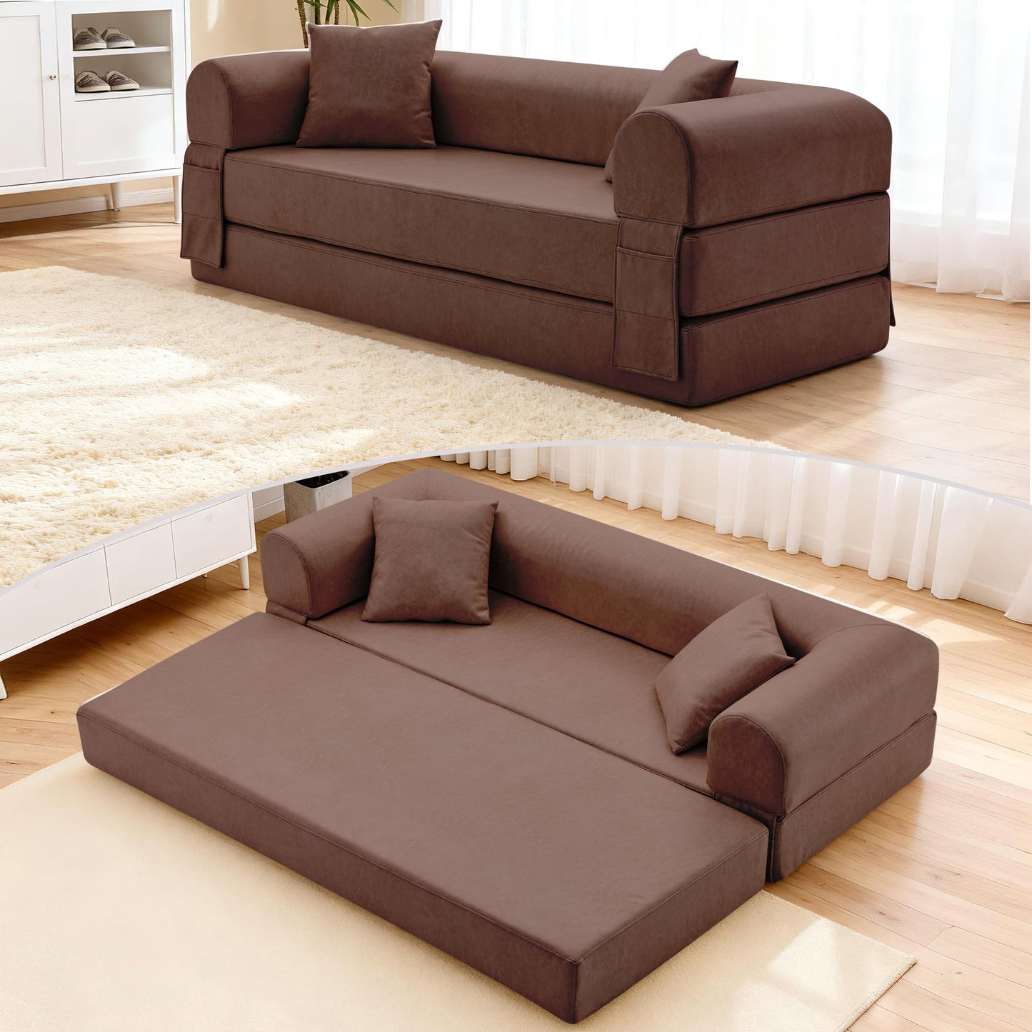 78.5" Convertible Sleeper Sofa Bed, Faux Leather Deep Seat Folding Floor Sofa with Pullout Bed & 2 Pillows, No Assembly Modern Boneless Couch Compression Sofa in Box for Living Room, Office, Brown