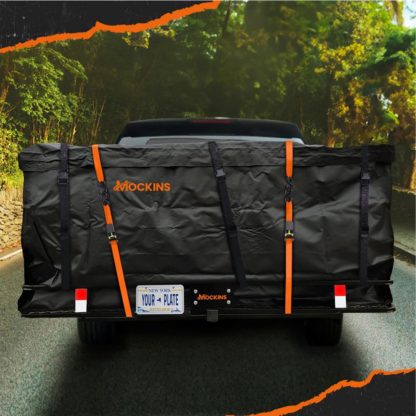 Mockins 70"x30"x6" XXL Folding Trailer Hitch Cargo Carrier w/Plate Bracket | 500 Lbs Cap All-Weather Steel Luggage Rack for SUV Car & Truck w/ 40 CuFt Waterproof Cargo Hitch Carrier Bag & Accessories