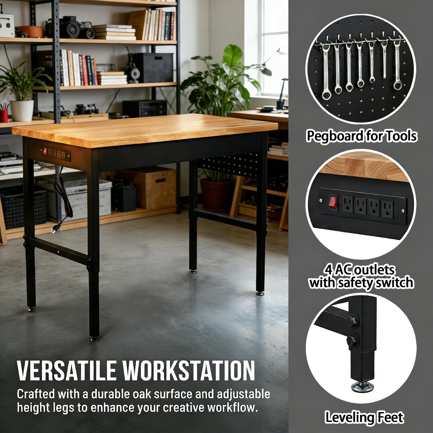 60 Inch Adjustable Workbench with Power Outlet Heavy Duty 2500 LBS Load Capacity Hardwood Work Table for Garage 6 Level Height Adjustable Workshop Bench with Wheels (60"x24")