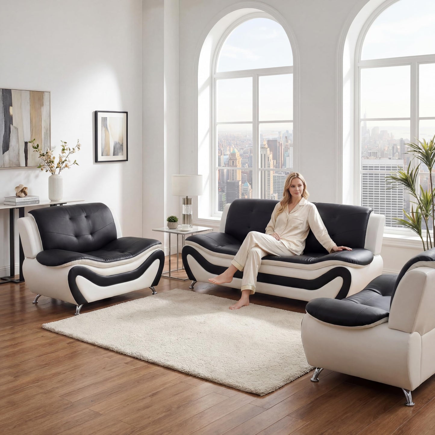 Trygoal 3 Piece Sofa Sets for Living Room, Modern Sectional Couch and Loveseat & Armchair Set, Mid-Century Furniture Sets for Living Room, Apartment, Office, Black & White