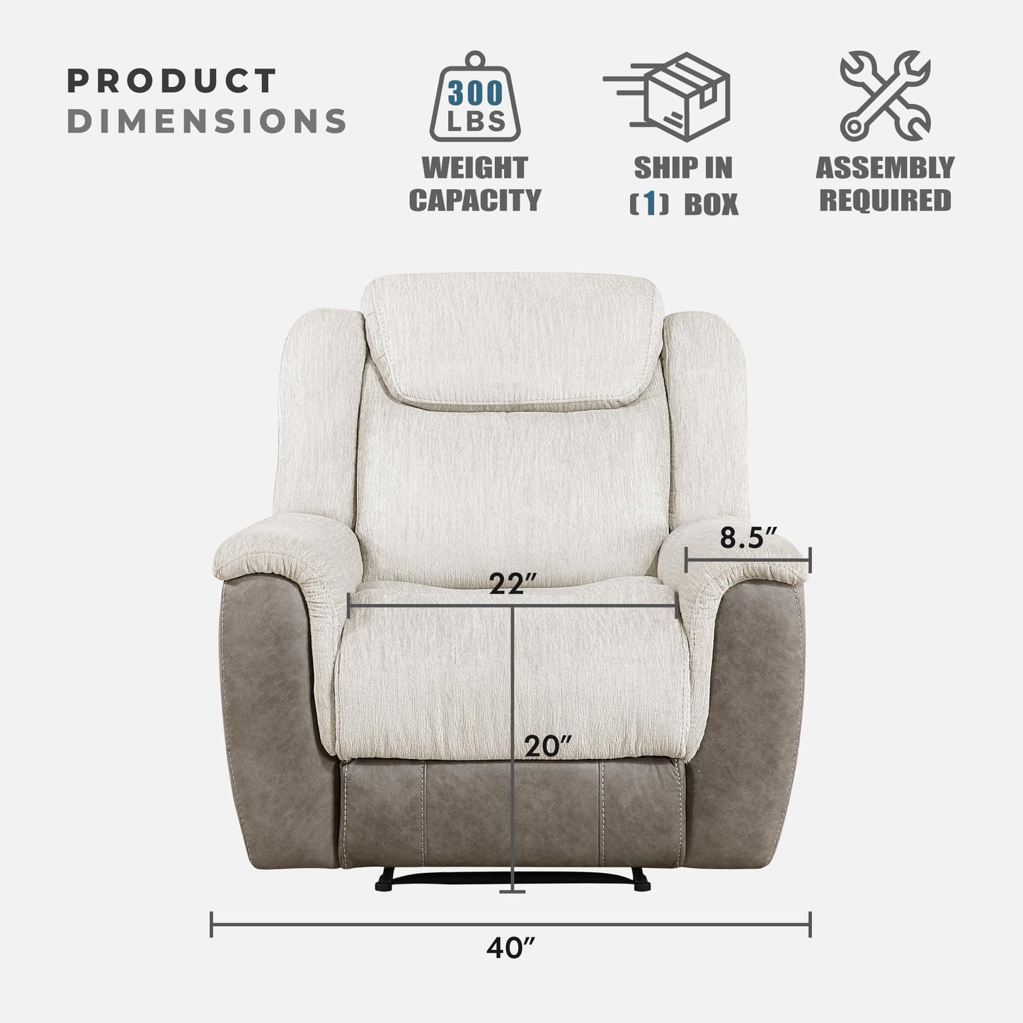 Lexicon Manual Recliner Chair for Living Room, Chenille Upholstery Reclining Chair, Home Theater Seating, Wall Hugger, Padded Headrest, Required Assembly, Two-Tone Beige