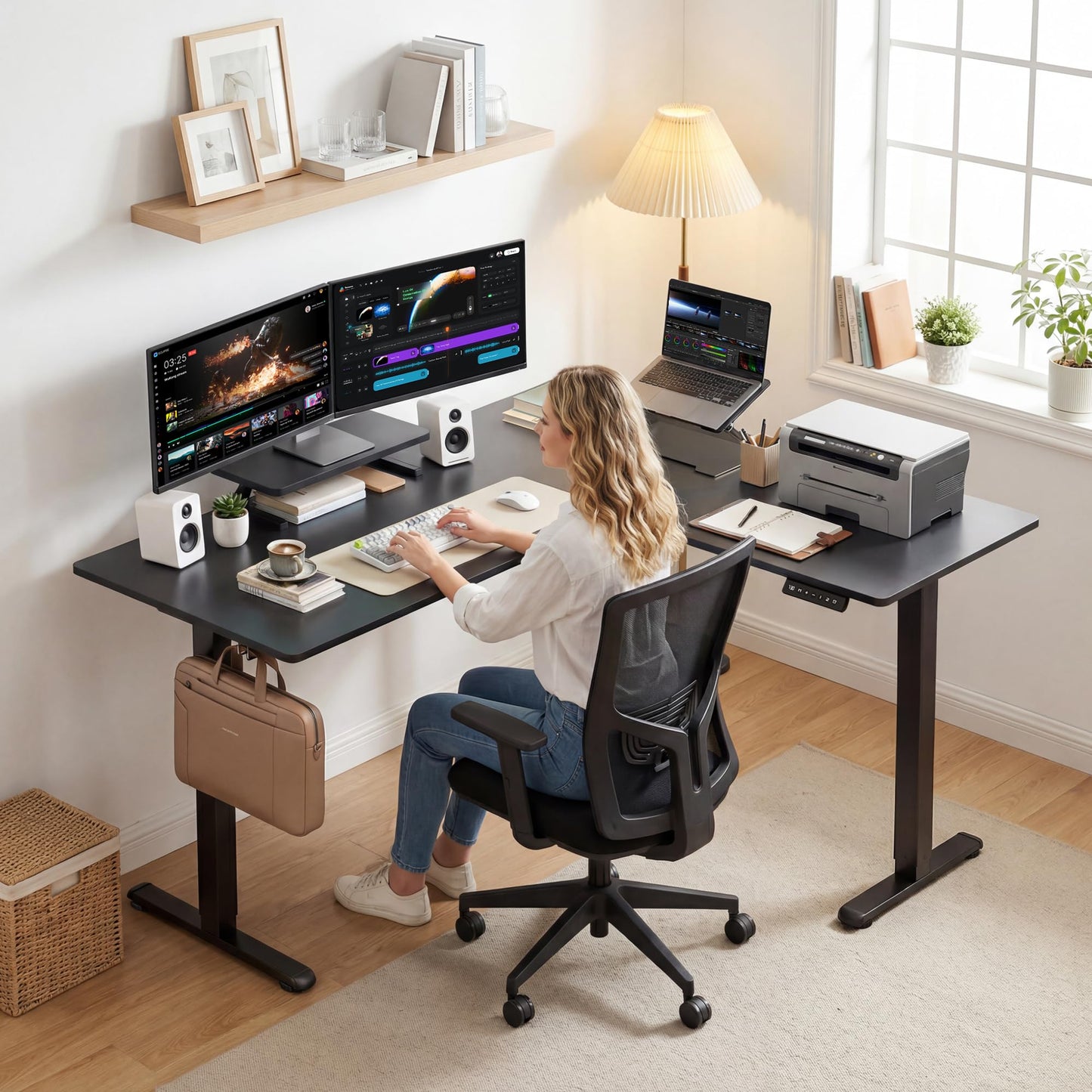 Shahoo L Shaped Electric Standing Desk, 63"x47.2" Corner Height Adjustable Sit Stand Desk with Monitor Riser, Ergonomic Stand Up Desk, 154 LBS Load Capacity Quiet Motor Home Office Computer Desk