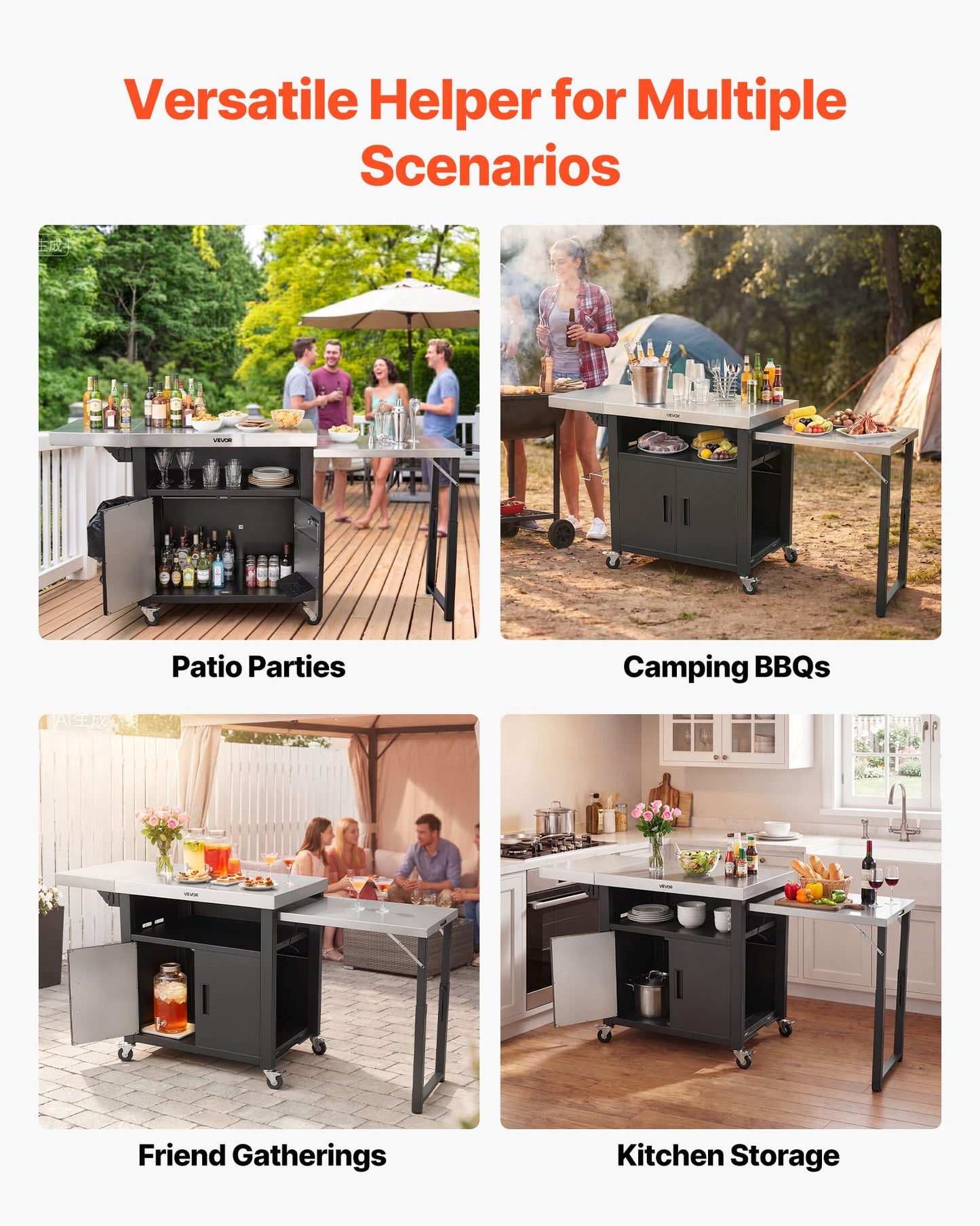 VEVOR Outdoor Grill Cart with Storage Cabinet, 74.8 Inch Grill Table, Waterproof Kitchen Island with Stainless Steel Top, Pull-Out Plate, Wheels, Movable Food Prep Station for Patio Bar Backyard BBQ