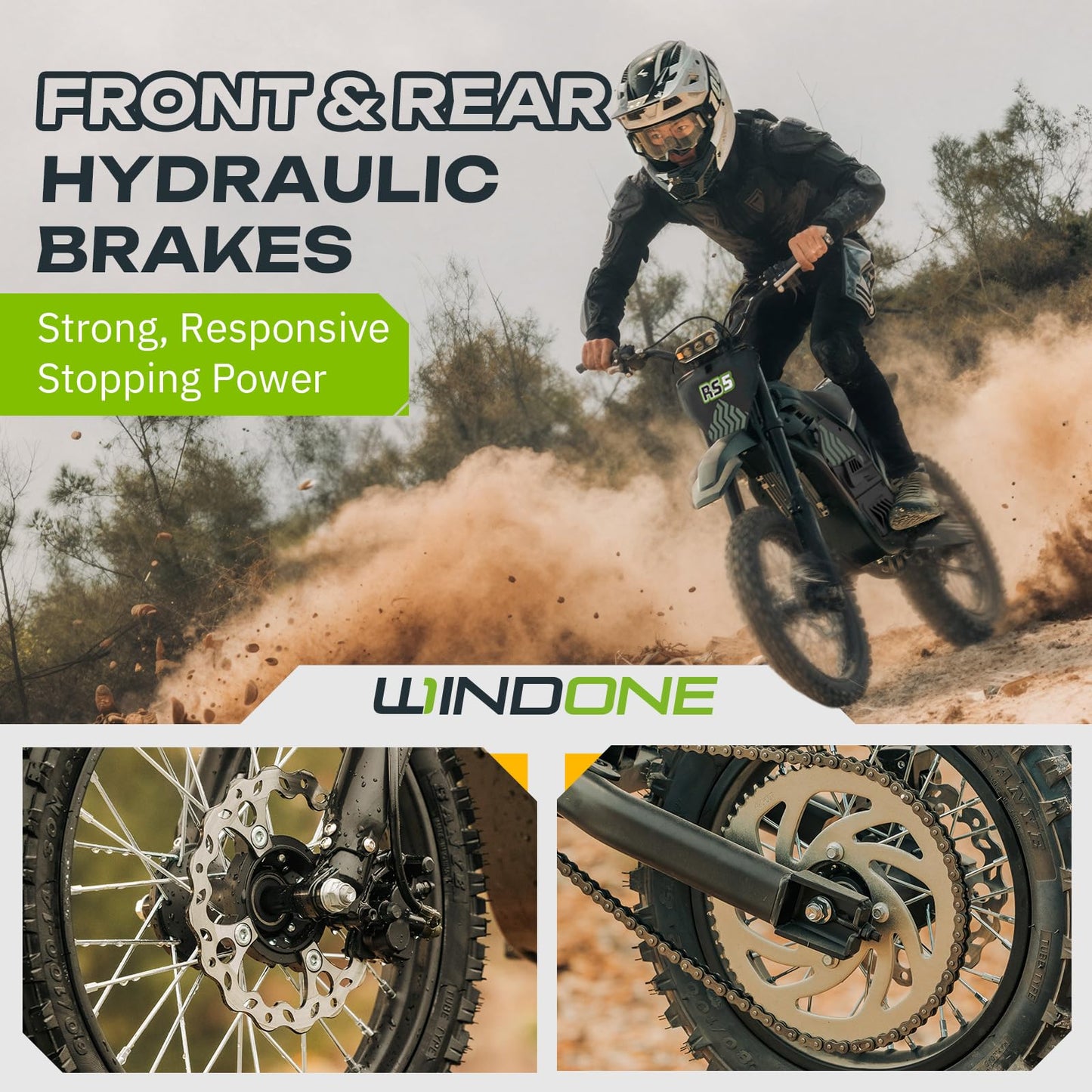 Windone RS5 Electric Dirt Bike for Teens & Adults (13+), Up to 37 MPH, 45 Miles Range, 2200W Peak Motor, 14"/12" Off-Road Tires, Hydraulic Suspension, 3-Speed Modes Electric Motorcycle (Light Green)