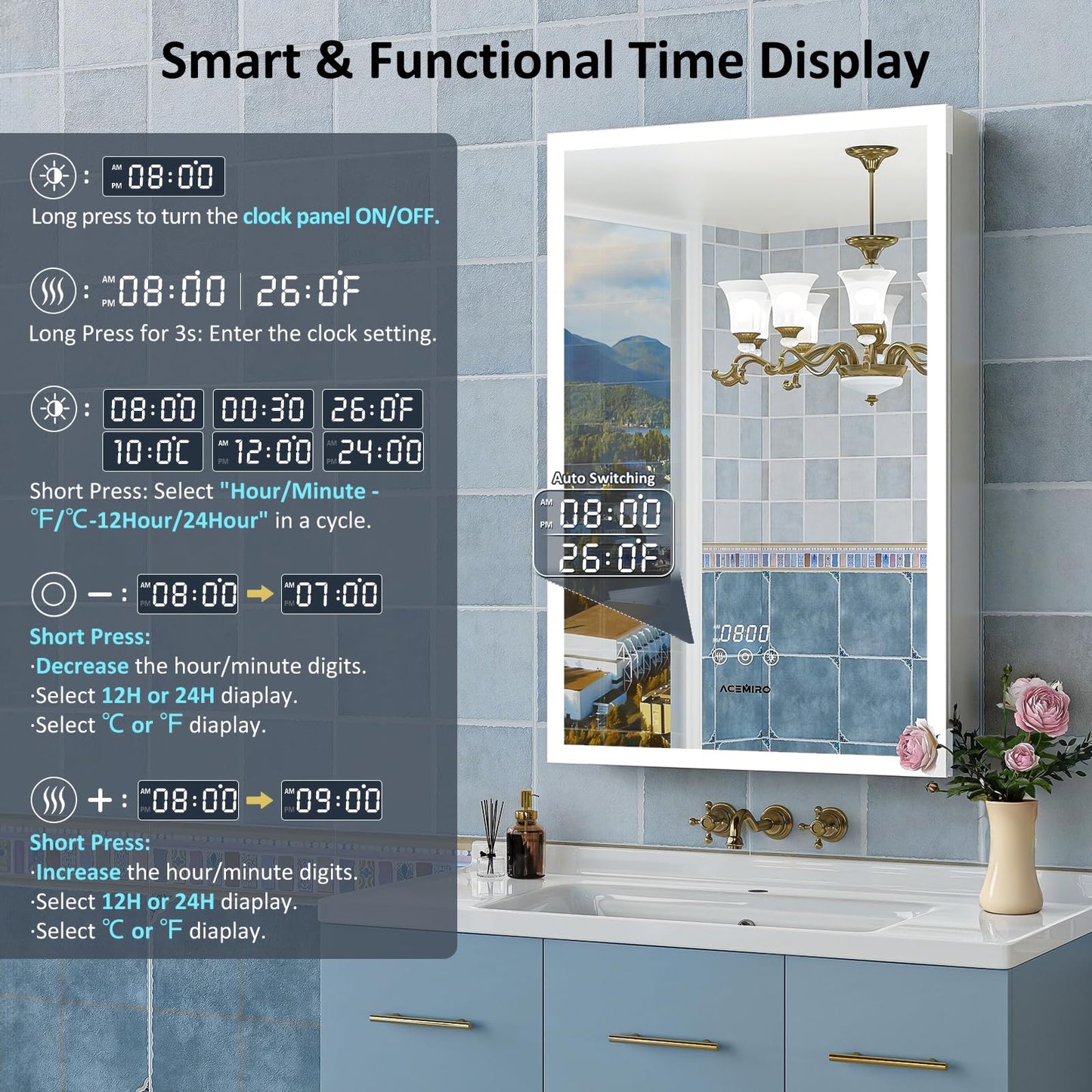 ACEMIRO 20"×30" Bathroom Mirror Cabinet, Recessed Lighted Medicine Cabinet with Mirror, Dimmable 3 Color Lights, Clock & Room Temp Display, Defogger, LED Bathroom Cabinet with Storage, Left Hinge