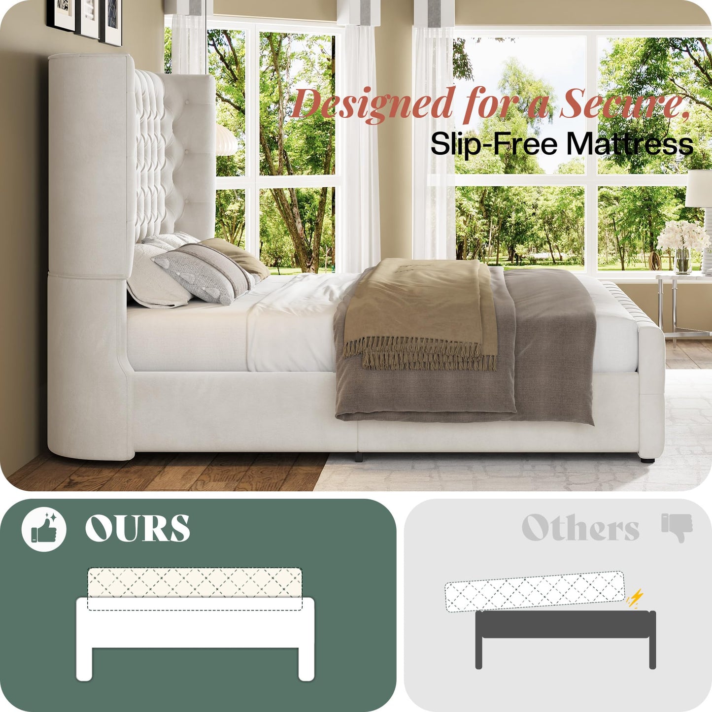 Jocisland Queen Size Upholstered Bed Frame with 6.3-Inch Curved Wingback Headboard, Tufted Footboard, Wood Slats, No Box Spring Needed, Beige Velvet