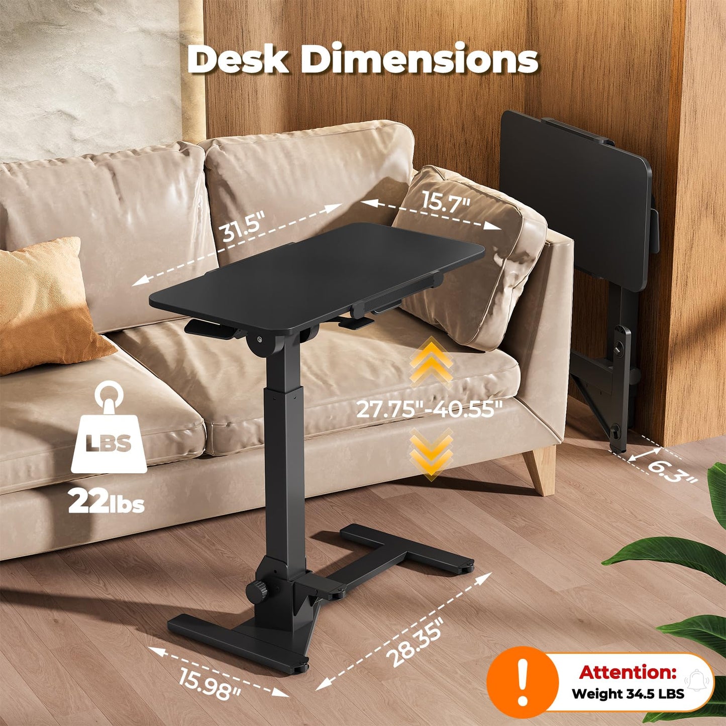 JOY worker Foldable Overbed Bedside Table, 180° Tiltable Mobile Standing Desk with Wheels, 31.5" Pneumatic Height Adjustable Rolling Laptop Desk for Home & Hospital Use, Easy Storage, Black