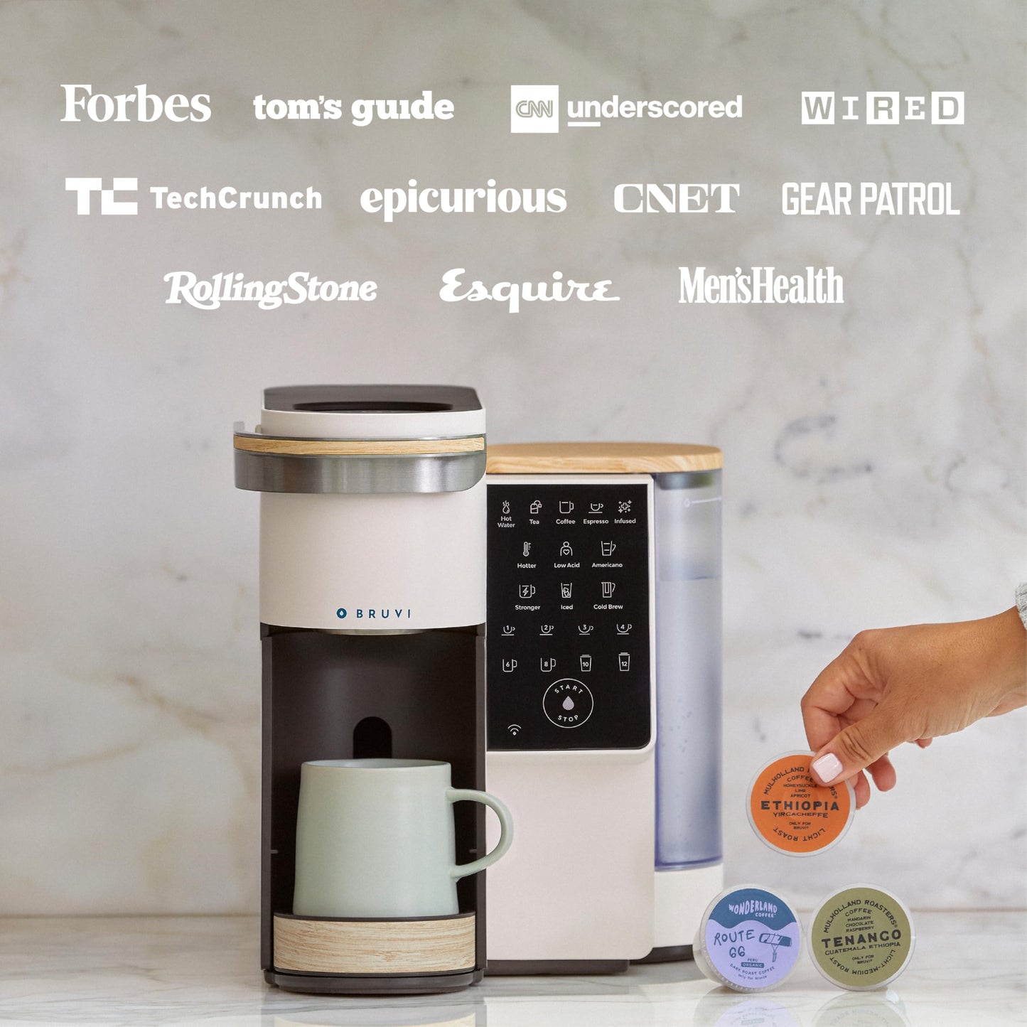 BRUVI Single-Serve Coffee Maker Bundle | Brews Coffee, Espresso, Cold Brew, Matcha Green Tea & More | Includes Brewer + 20 Dark Roast Pods | Touchscreen, WiFi, 70 oz Tank | Black