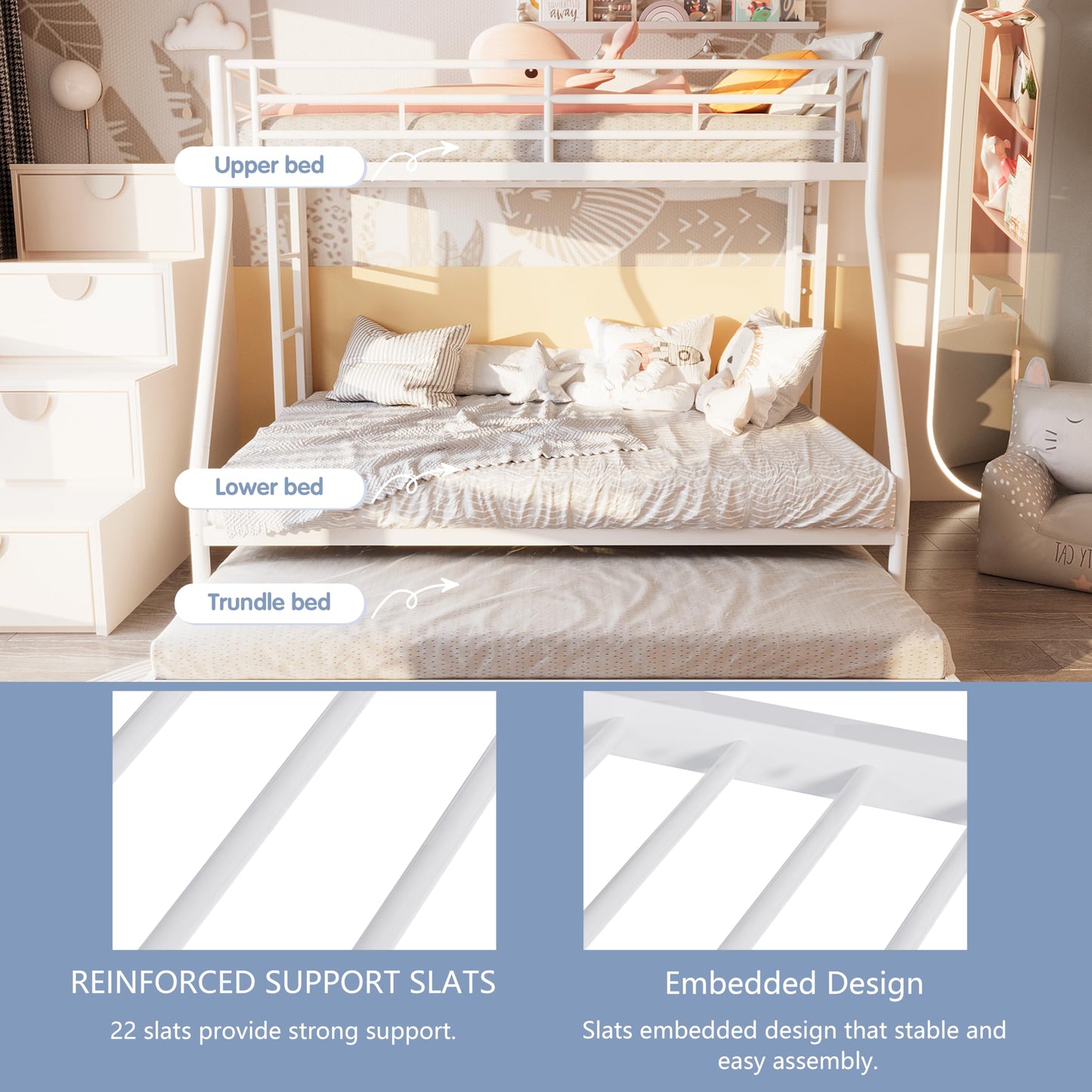 SUNLEI Metal Loft Bed with 2 Secured Ladders, Bunk Bed Twin Over Full with Trundle, Trundle Beds Twin Safety Guard, for Small Bedroom Noise Free (Twin Over Full, Metta Classic White)