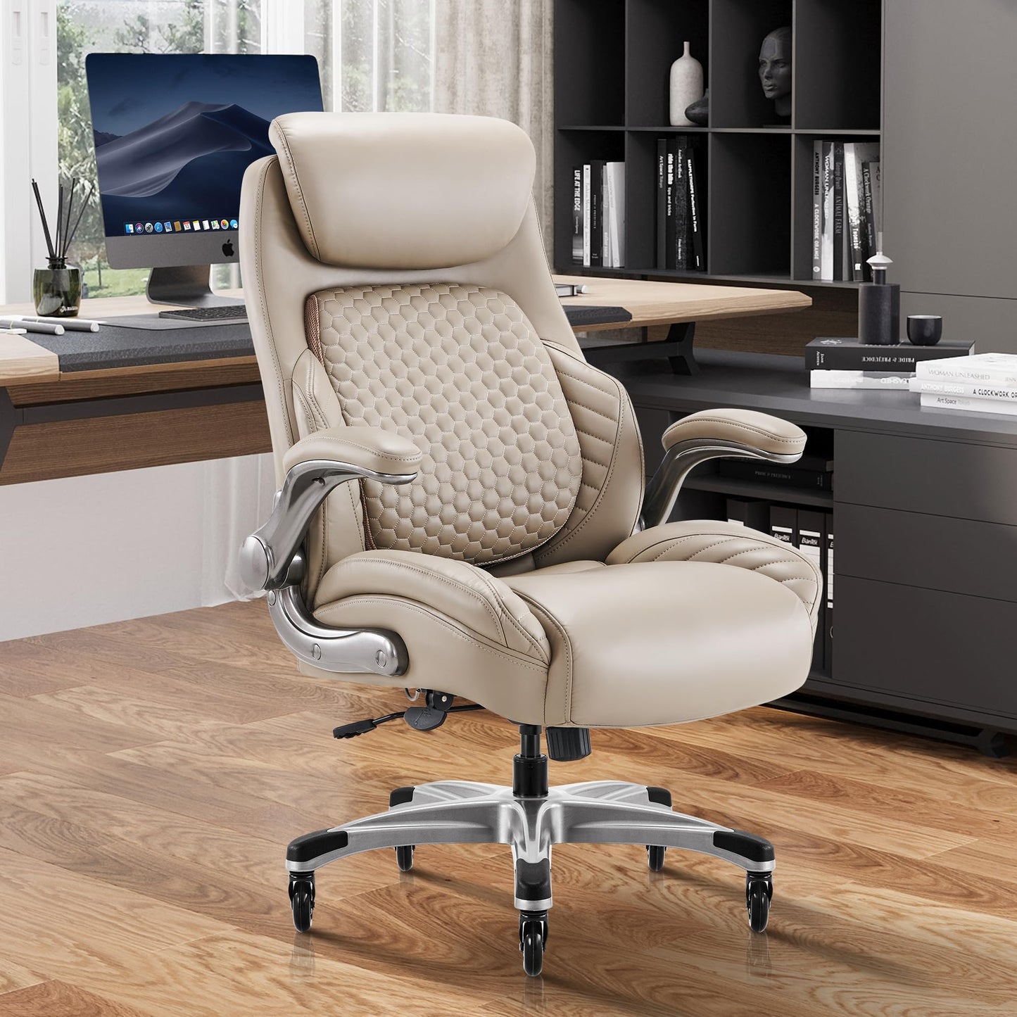 COLAMY Office Ergonomic Desk High Back Executive Chair with Pop-Out Lumbar Support, Upgraded Casters, Adjustable Headrest, Flip-Up Arms, Leather Home with Thick Cushion for Comfort - Khaki