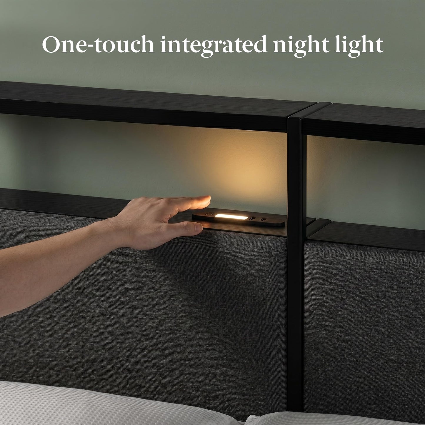 Zinus Michael Upholstered Platform Bed Frame, Space-Saving Two-Tier Headboard Storage and Four Underbed Drawers, Mood Setting RGB LED Lights, Built-in USB Charging Station, Ambient Night Light, Queen