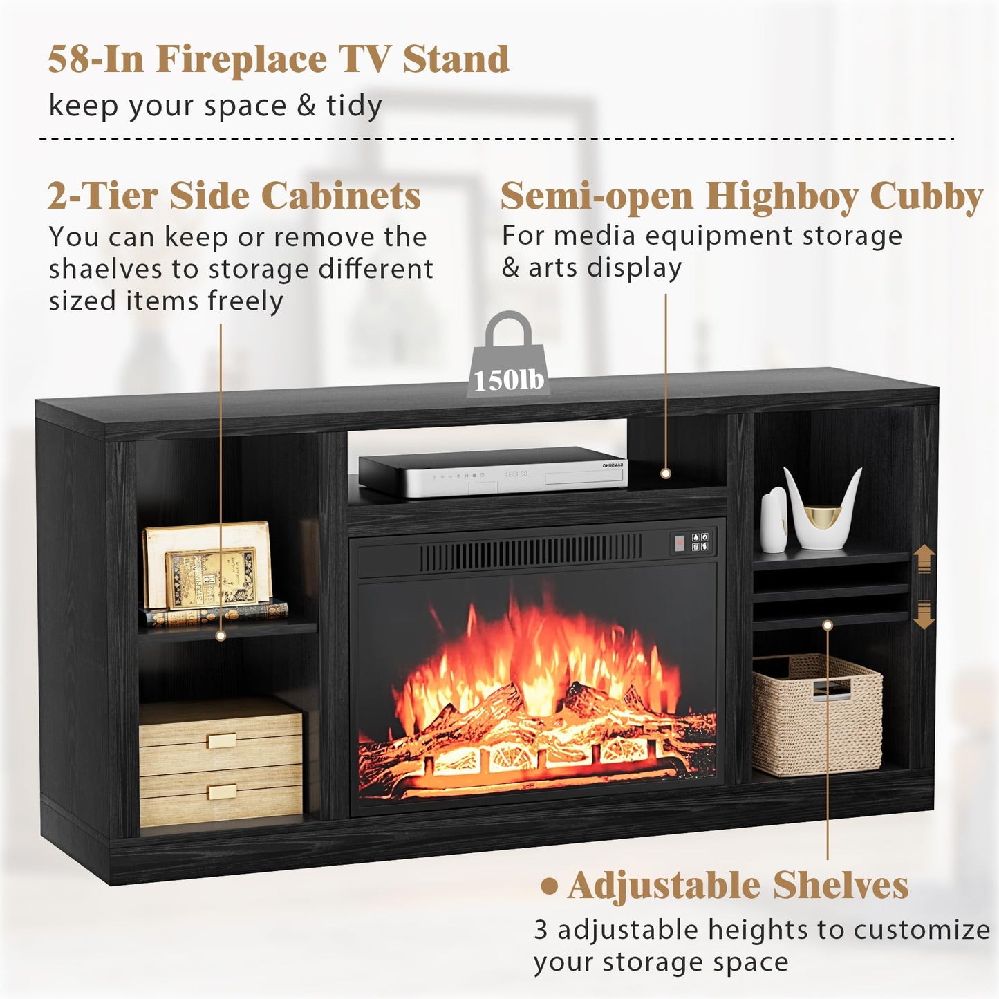 YESHOMY Electric Fireplace TV Stand for Televisions up to 65+ Inch, Media Entertainment Center Console Table with Four Open Storage Shelves & Cabinets, 58 Inch, Dark Black
