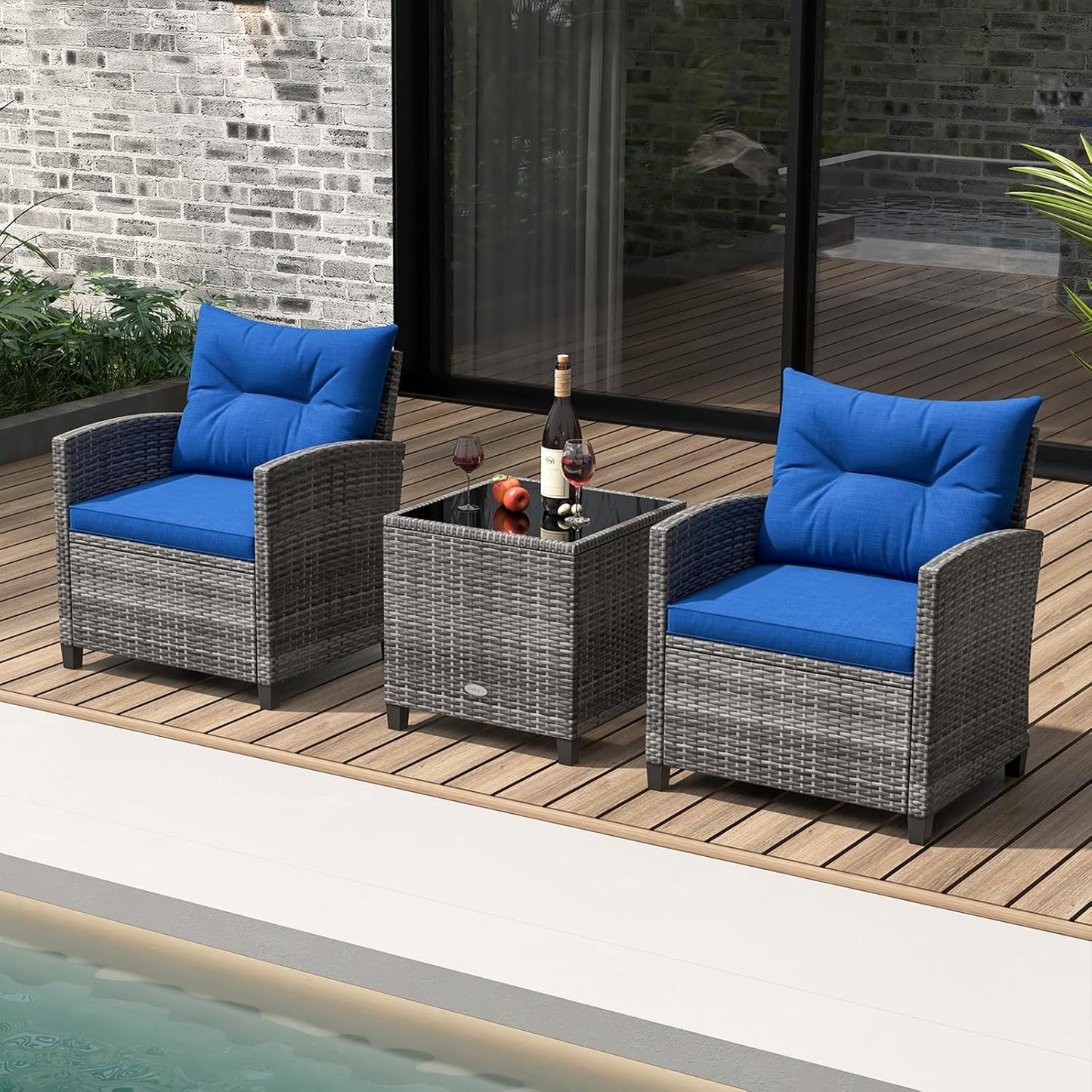 LDAILY Patio Furniture Set, 3 Pieces PE Rattan Wicker Patio Sofa Chairs with Washable Cushion & Glass Table, Outdoor Furniture Conversation Sets for Porch, Balcony, Garden, Poolside (Navy)