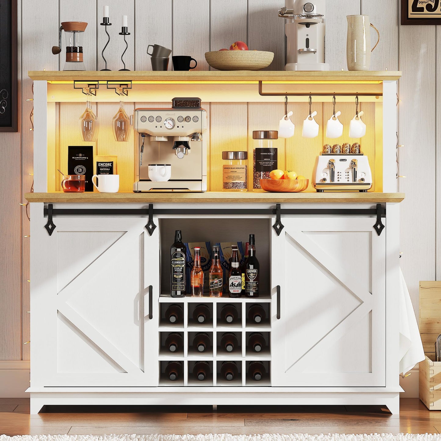 55 in Farmhouse Coffee Bar Cabinet with 3-Mode LED Light and Power Outlet - Large Kitchen Hutch with Sliding Barn Door - Wine Cabinets with Storage Drawers and Wine Glass Rack for Home and Living Rome