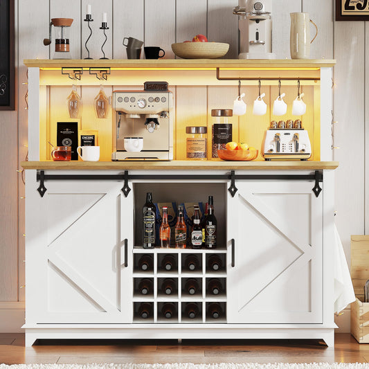 Farmhouse Coffee Bar Cabinet with Power Outlet & LED Lights,55" Sliding Barn Door Buffet with Removable Wine Rack & 2-Tier Drawers, Multi-Functional Storage Cabinet for Kitchen, Dining or Living Room