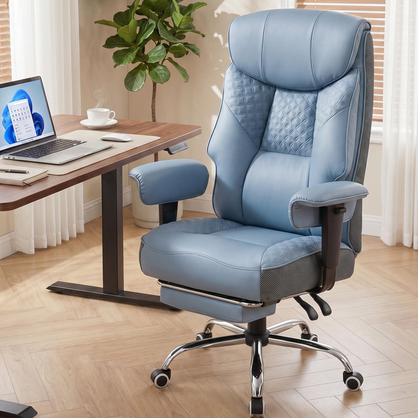 GTPLAYER Big and Tall Office Chair, High Back Computer Gaming Chair with Ergonomic Lumbar Support &Pocket Spring Cushion for Lower Back Pain Relief, Leather Executive Chair with Foot Rest, Blue