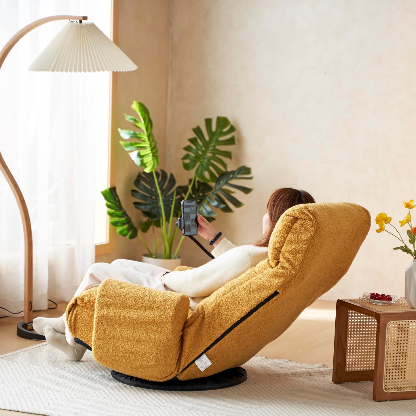 Noble House Home Furnishings Gwen Upholstered 360° Swivel Chair, Lounge Chair with Adjustable Backrest/Headrest, Metal Frame Living Room Lounge Sofa and Phone Holder, Comfy Bean Bag Chair, Yellow