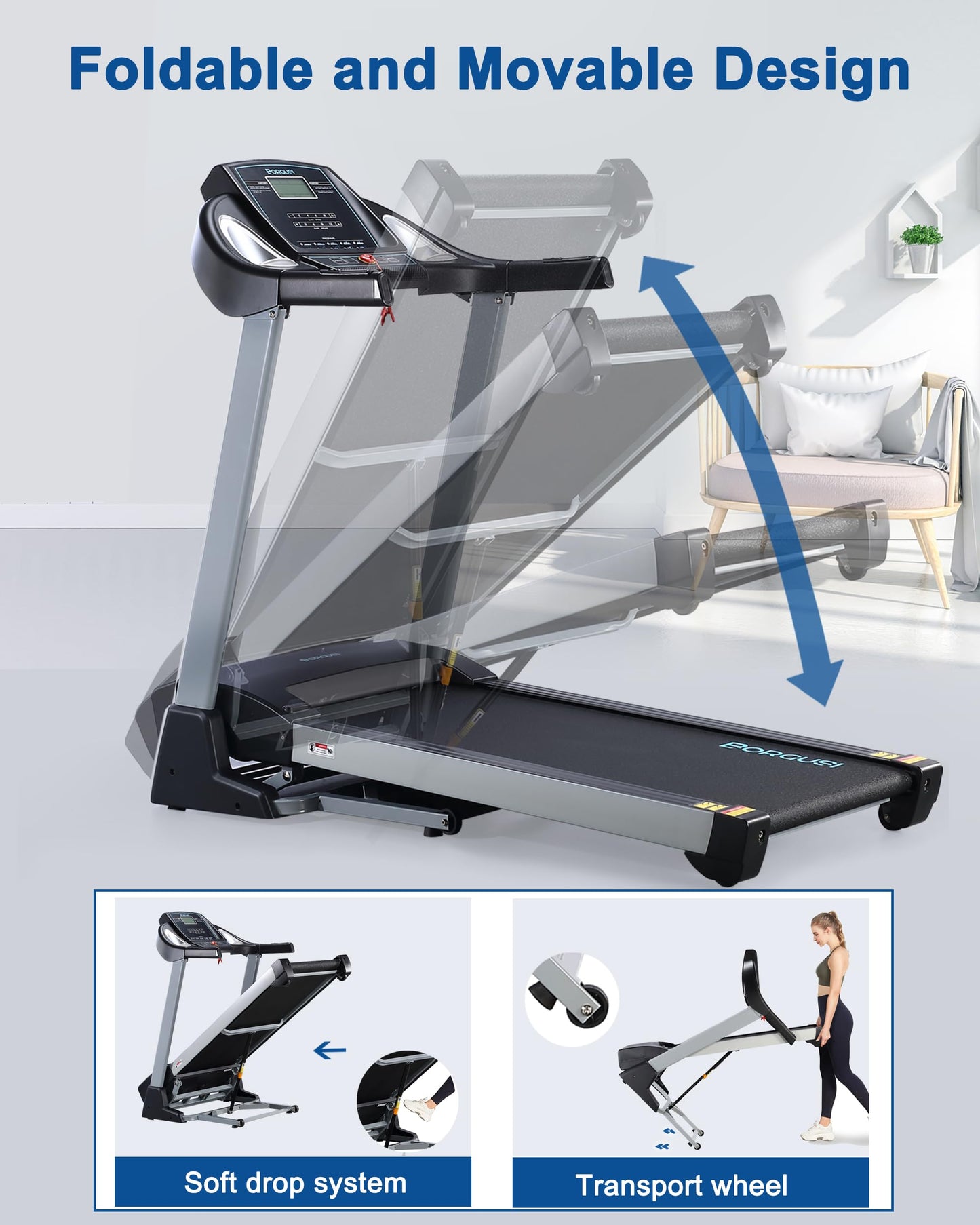 BORGUSI Treadmill with 15% Auto Incline - 350 LBS Capacity, 3.5HP Electric Folding Treadmill Up to 10MPH Speed, Running Machine with 20" Wide Tread Belt & LCD Display for Home Use