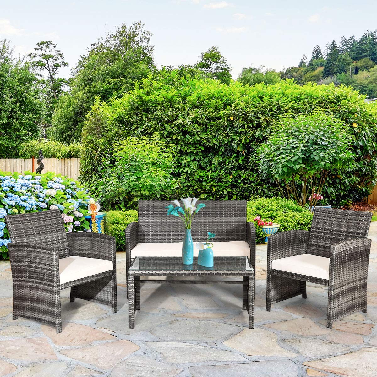 Tangkula 4 PCS Wicker Patio Conversation Set, Outdoor Rattan Sofas with Table Set, Patio Furniture Set with Soft Cushions & Tempered Glass Coffee Table for Poolside Balcony