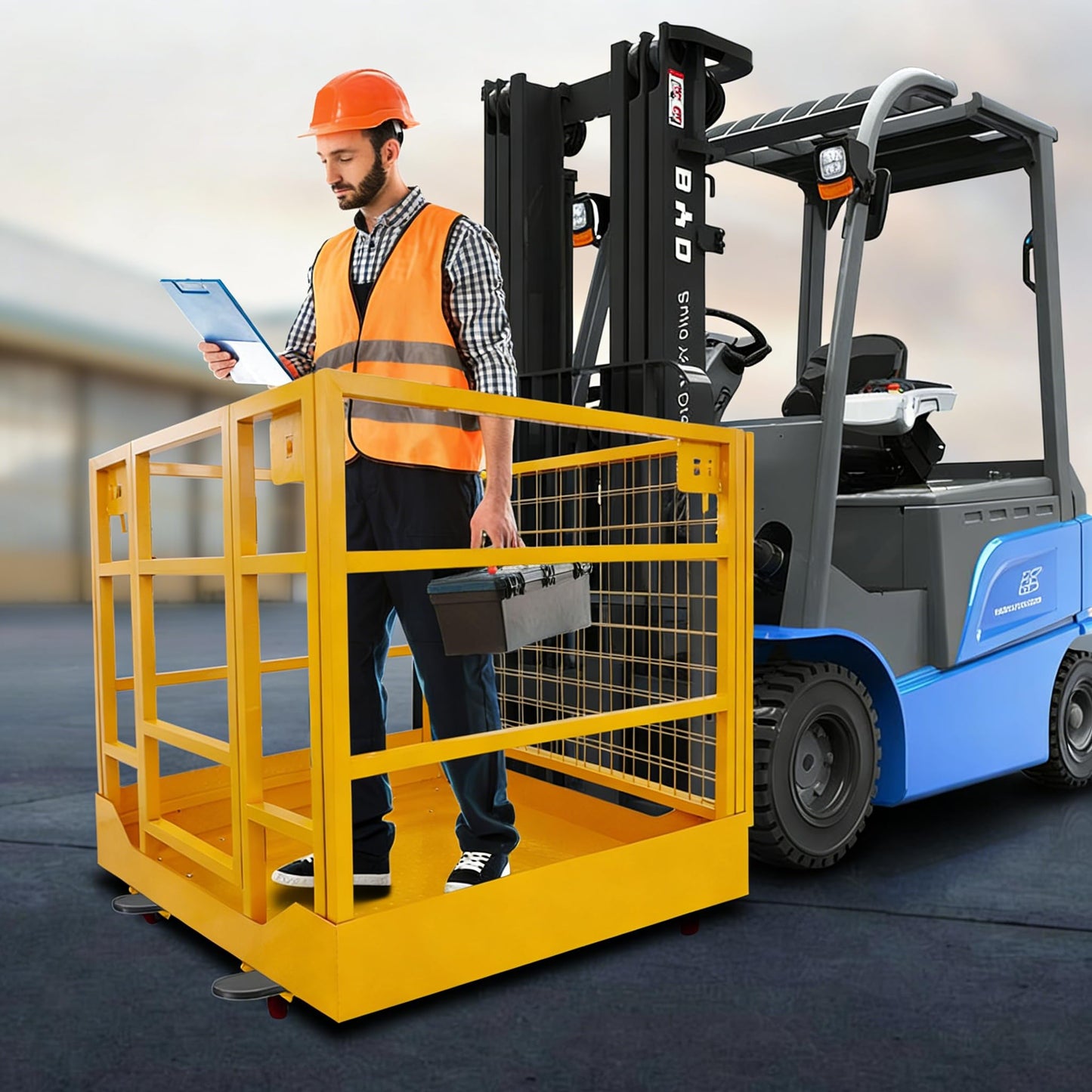 1400LBS Capacity Forklift Safety Cage with Lockable Swivel Wheels - 43"x45" Forklift Man Basket with Safety Harness - Collapsible Lift Basket