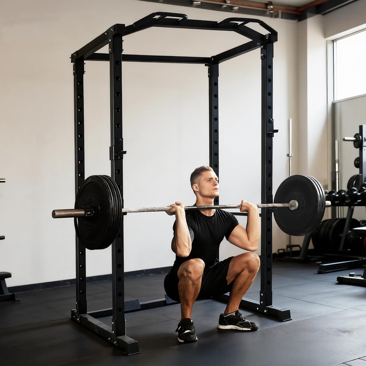 Fitvids 1,000 Pound Capacity 2.5” x 2.5” Power Cage Squat Rack, Includes J-Hooks and Multigrip, Other Optional Accessories-Black