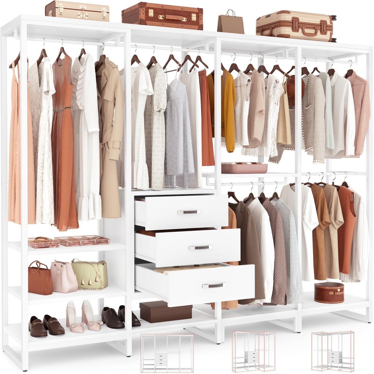 Aheaplus Wood Clothes Rack Wardrobe Closets for Hanging Clothes Heavy Duty Garment Rack, Large Corner L Shaped Closet System Organizer Walk-in Closet for Bedroom with 3 Wood Drawers, Pure White