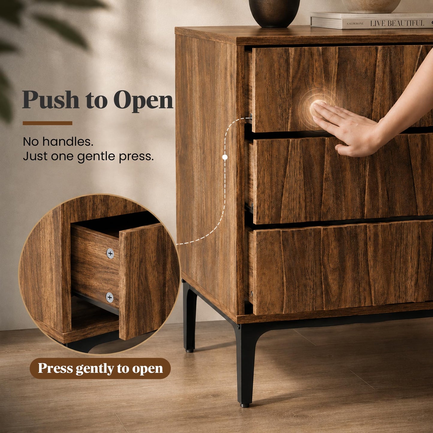 Mid-Century Modern Walnut Nightstands Set of 2, Wide Bedside Tables with 3 Drawers Each, Sculpted 3D Wave Front, Push-to-Open Handle-Free Drawers & Black Metal Legs