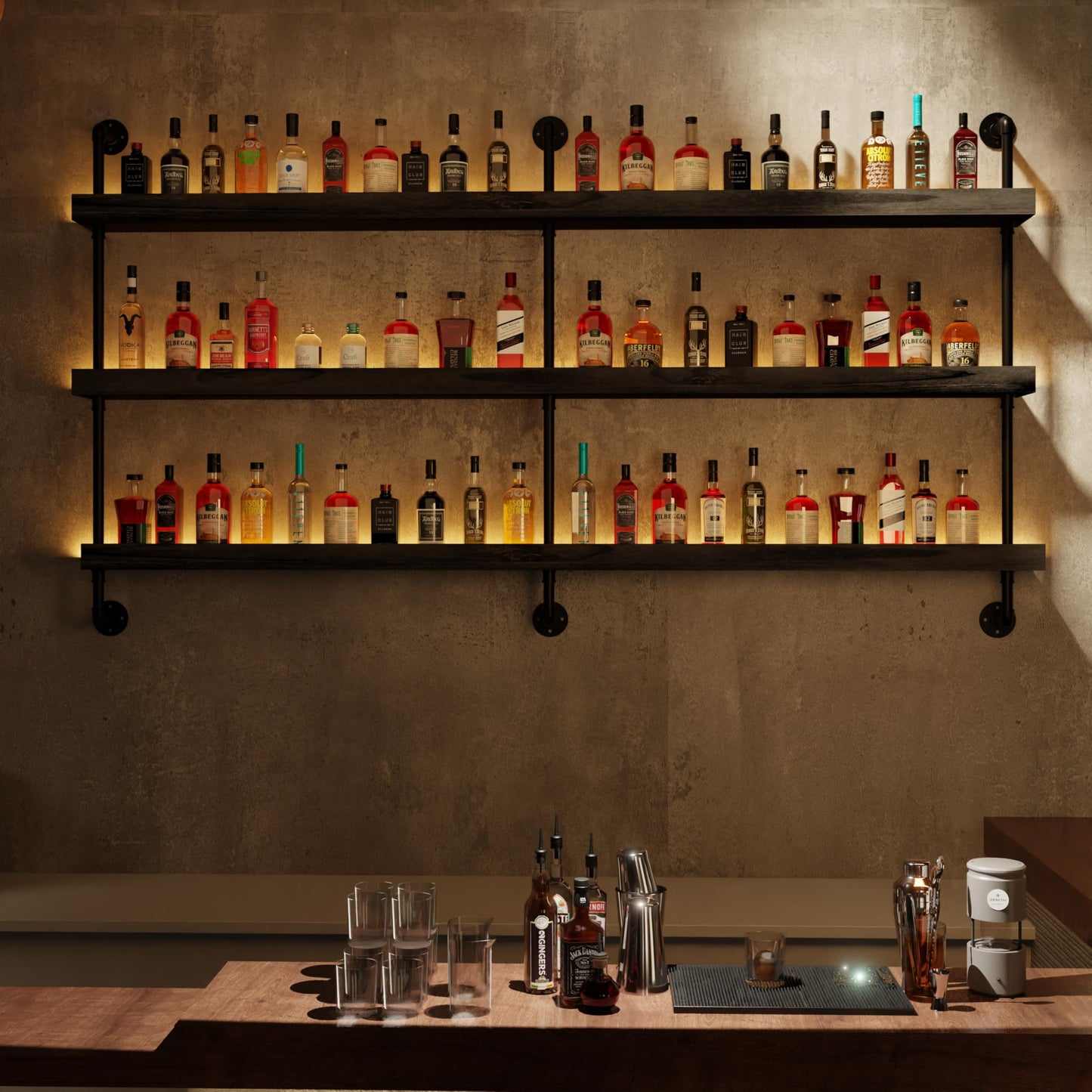 Anynice LED Bar Shelves, Wall Mounted Wine Rack, 3 Tier, 60" Black